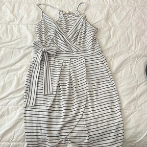 Black and white striped faux wrap dress